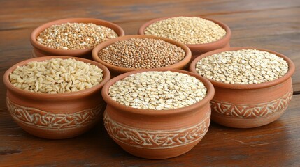 Poster - Variety of whole grains like quinoa, barley, and oats arranged in small bowls on a rustic wooden table, showing rich textures and earthy tones