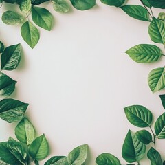 Poster - Green leaves creating a natural frame for text in a clean and minimalist setting. Generative AI