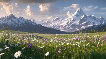 Wall Mural - Majestic snow-capped mountains overlook a vibrant wildflower meadow at sunset.