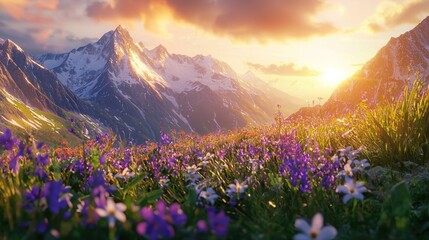 Wall Mural - Vibrant sunset over snow-capped mountains and wildflowers.