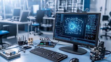 Fototapete - Cyber protection setup against denial of service attacks data center technology showcase modern workspace close-up viewpoint