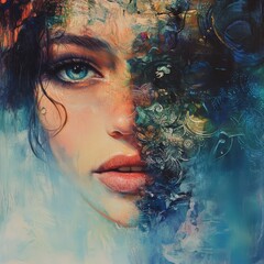 Poster - Artistic portrait of a woman with enigmatic expression surreal style dreamlike environment close-up promoting inner beauty