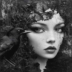 Poster - Mysterious portrait of a woman with a crow enigmatic art dark fantasy urban setting close-up view promoting emotions