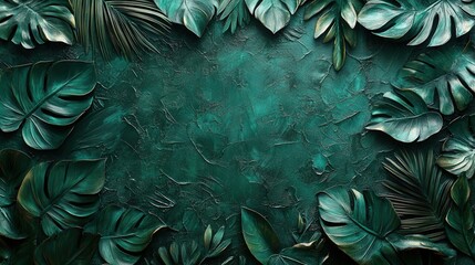 Poster - lush green abstract background featuring monstera and palm leaves with textured surface and vibrant 