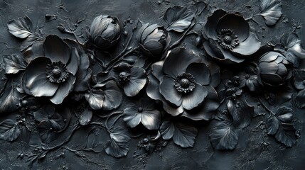 Poster - detailed black bas relief artwork featuring flowers on dark monochrome background with intricate tex