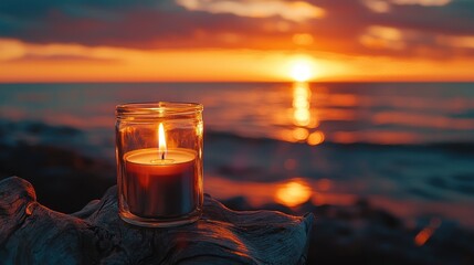 Canvas Print - Lit candle in glass jar on beach at sunset.