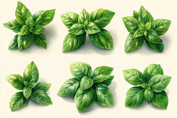 Wall Mural - A detailed illustration of basil leaves arranged in a grid pattern.