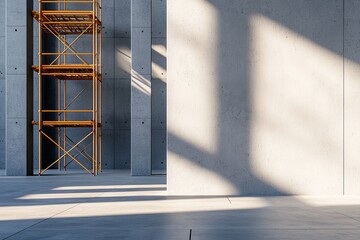 Poster - Empty Industrial Space with Concrete Walls and Scaffolding Bathed in Natural Light and Shadows