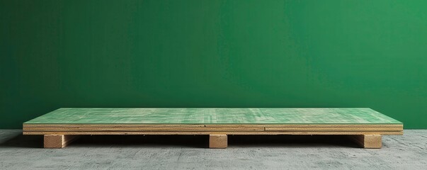 Poster - A minimalist wooden platform rests on a concrete floor, set against a vibrant green wall, creating a simple yet striking visual contrast.