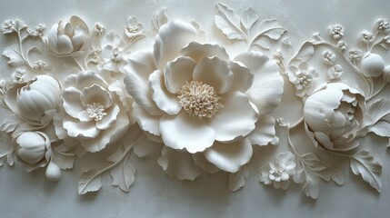 Poster - elegant white floral ornament wallpaper with intricate details, perfect for sophisticated interior d