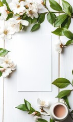 Aufkleber - Blank white paper surrounded by white flowers and green leaves with a cup of tea on a wooden surface. Generative AI