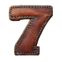 Aufkleber - A close-up shows the number seven crafted from brown leather with visible stitching.  The leather appears aged and worn.