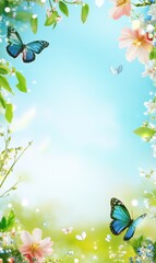 Fototapete - Create an inviting space for text filled with colorful butterflies and blooming flowers against a soft blue backdrop. Generative AI