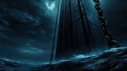 Wall Mural - Dark Stormy Ocean Scene with Tower and Chain Under Dramatic Sky