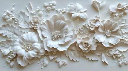 Poster - elegant 3d white floral relief wall art featuring detailed blossoms and foliage in a soft and textur