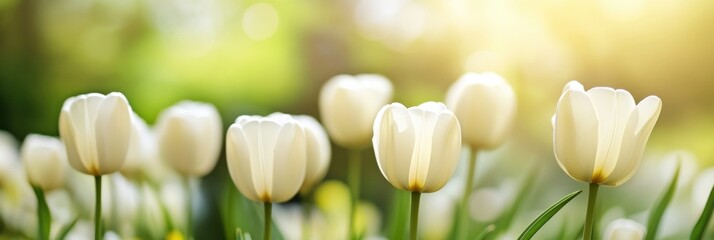 Poster - Bright white tulips blooming in a sunny garden setting inviting heartwarming spring feelings and optimism. Generative AI
