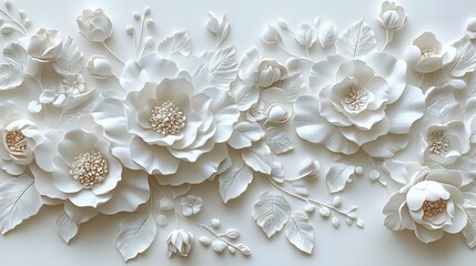 Poster - elegant white floral relief wall art design with intricate detail and beautifully crafted flowers id