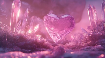 Wall Mural - Heart-Shaped Crystal Surrounded by Glittering Pink Crystals and Gems