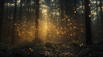 Canvas Print - Magical sunset in enchanted forest with fireflies.