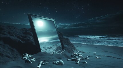 Wall Mural - Surreal Beach Scene with Frame and Bones Under Moonlight