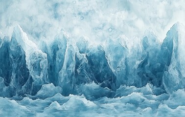 Poster - Majestic Icebergs Glimmering Under a Clear Sky, Capturing the Enigmatic Beauty and Fragility of Glacial Landscapes in a Cool Color Palette