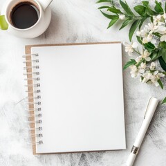 Poster - Blank notebook ready for notes and ideas with coffee and flowers on a light surface. Generative AI