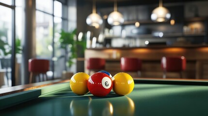 A close-up view of pool balls arranged on a green billiard table, in focus, against a blurred background of a modern bar.