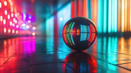 Wall Mural - Reflective Sphere Surrounded by Colorful Neon Lights and Shadows