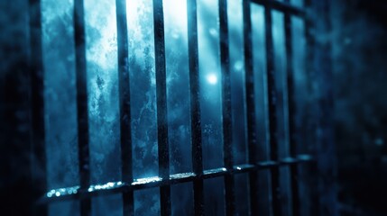 Wall Mural - Abstract View of Dark Prison Bars With Fog and Light Reflections