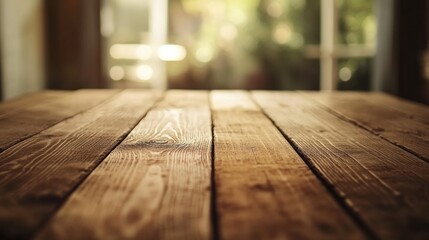 Poster - Rustic wooden table surface with ample empty space for text in a warm interior setting. Generative AI