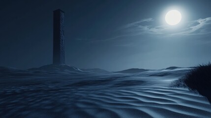Wall Mural - Mysterious Tower in Serene Night Landscape with Full Moon Glow