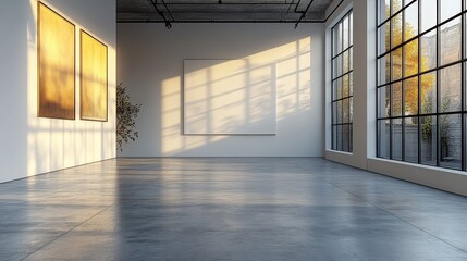 Poster - bright and spacious empty room with white walls and large windows perfect for art installations and 