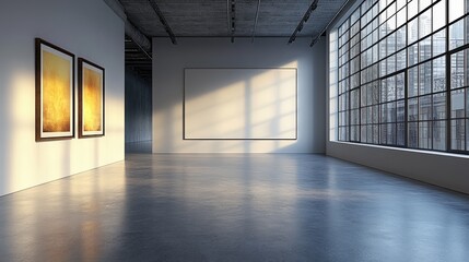 Poster - modern art gallery with two framed paintings and empty space for artwork in spacious industrial styl