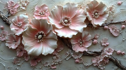 Poster - elegant pink and white floral plaster bas relief art in 3d style with delicate flower details and te