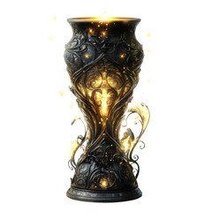 Poster - A digitally rendered image of an elaborate, dark metal vase with glowing golden light emanating from within, showcasing intricate detailing and a magical aesthetic.