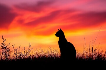 Naklejka na meble Silhouette of a Cat Against a Vibrant Sunset Sky with Colorful Clouds and Grassy Landscape, Capturing a Serene Moment of Nature and Reflection