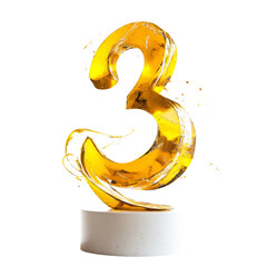 Poster - A three dimensional rendering of the number three sculpted from liquid gold and displayed on a white cylindrical base.