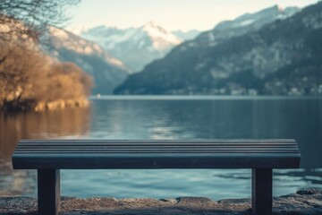 Poster - Scenic view of serene lake with empty bench overlooking mountains at dusk. Generative AI