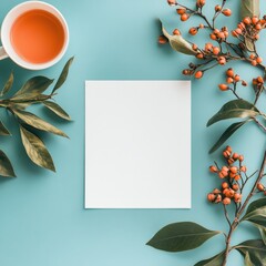 Leinwandbilder - Bright blue background with empty square template surrounded by leaves and berries for creative design use. Generative AI