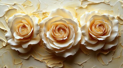Poster - three cream roses on textured cream background in soft tones and elegant design for floral decor, in