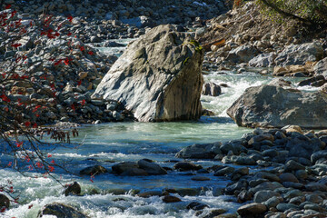 Wall Mural - View of mountains river flowing out of mountain glacier of North Caucasus near Dombay. Karachay-Cherkessia, Russia