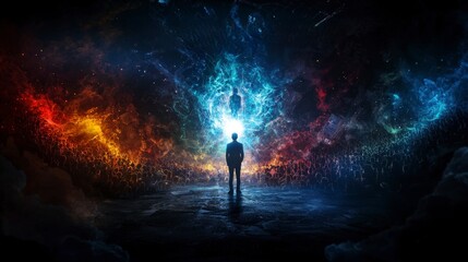 Poster - Individual amidst thriving business crowd in urban setting dynamic digital art and central perspective of inspiration