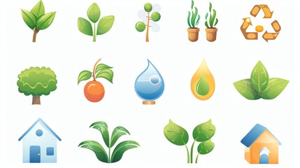 Wall Mural - A collection of nature-themed icons, including leaves, trees, a recycling symbol, and water drops.