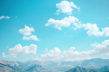 Poster - Bright blue sky with fluffy clouds above serene mountain landscape and open space for text or graphics. Generative AI