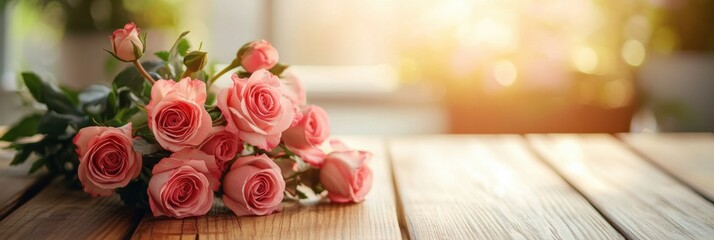 Poster - Bright roses arranged on a wooden table with soft sunlight illuminating the background. Generative AI