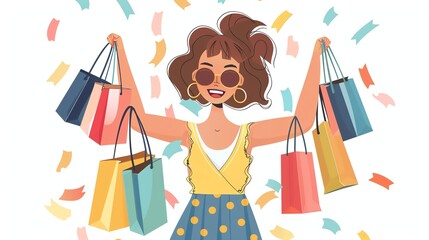 Wall Mural - A cartoon woman is smiling and holding multiple shopping bags, with confetti falling around her.