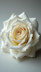 Wall Mural - A stunning white rose unfurls its velvety petals, showcasing intricate layers and a soft, creamy hue. This elegant flower radiates purity and grace, making it a perfect symbol of love and serenity.