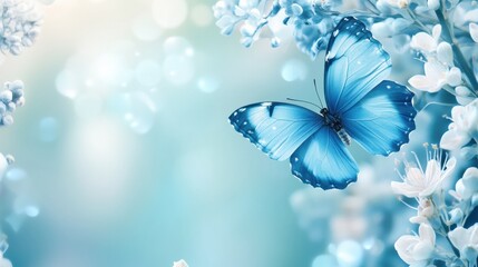 Aufkleber - Beautiful blue butterfly resting among delicate white flowers in a serene setting with ample space for text. Generative AI