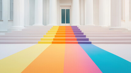 Aufkleber - Colorful steps lead to grand entrance, showcasing vibrant hues of yellow, orange, pink, and purple, creating inviting atmosphere
