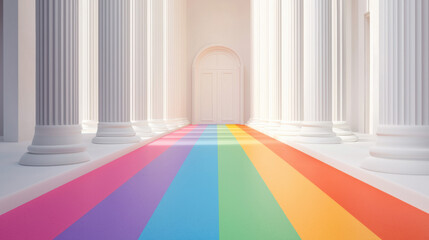 Poster - vibrant rainbow pathway leads through grand hall with tall columns, symbolizing inclusivity and diversity